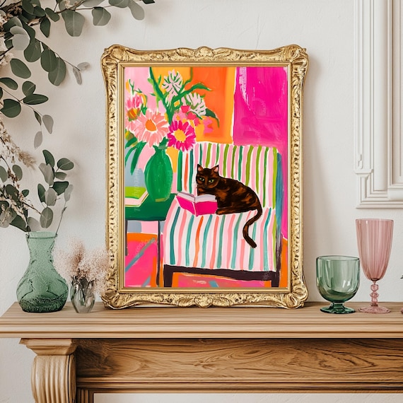 Tortoiseshell Cat Reading Print – Tortie Cat Wall Art Cozy Reading Nook Decor Tortoiseshell Cat Gift for Book Lovers Dopamine Cat Decor