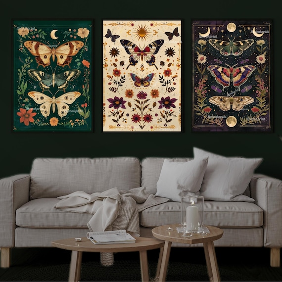 Moody Aesthetic Vintage Butterfly Set of Three - Sun and Moon Butterfly Prints - Emerald Green, Black & Beige - Whimsigoth Gothic Moth Art