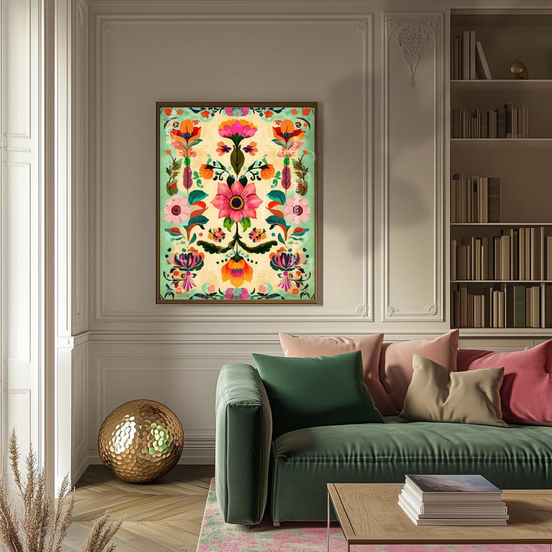 Mexican Folk Art Print - Pink and Green Floral Print - Vintage Folk Art ...