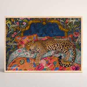 ◆BLUE ELEPHANT◆ TAYLOR leopard Blue & Terracotta Sleepy Leopard in a Vintage Bed - Leopard
