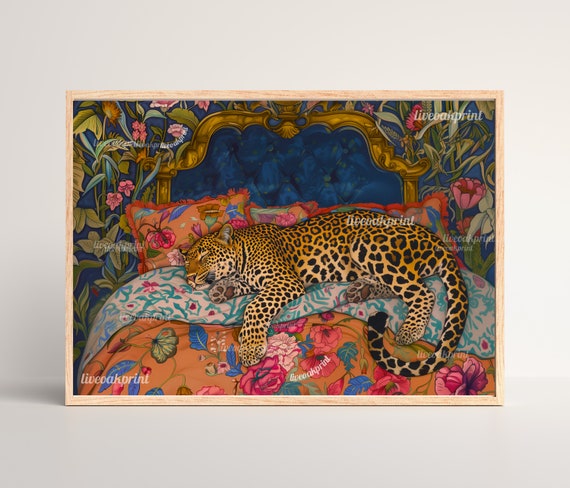 Blue & Terracotta Sleepy Leopard in a Vintage Bed - Leopard