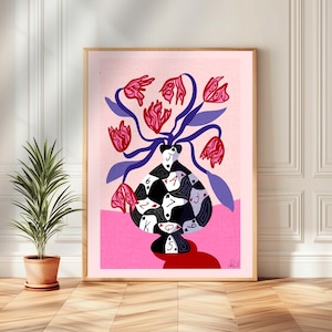 Poker Vase Wall Art – Bold Playing Card Vase Print – Funky Tulip Floral Print – Abstract Modern Decor – Red Pink Maximalist Wall Art