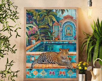 May include: A framed painting of a leopard lounging by a pool in a tropical garden. The pool is surrounded by colorful mosaic tiles and the garden is lush with green plants and flowers.