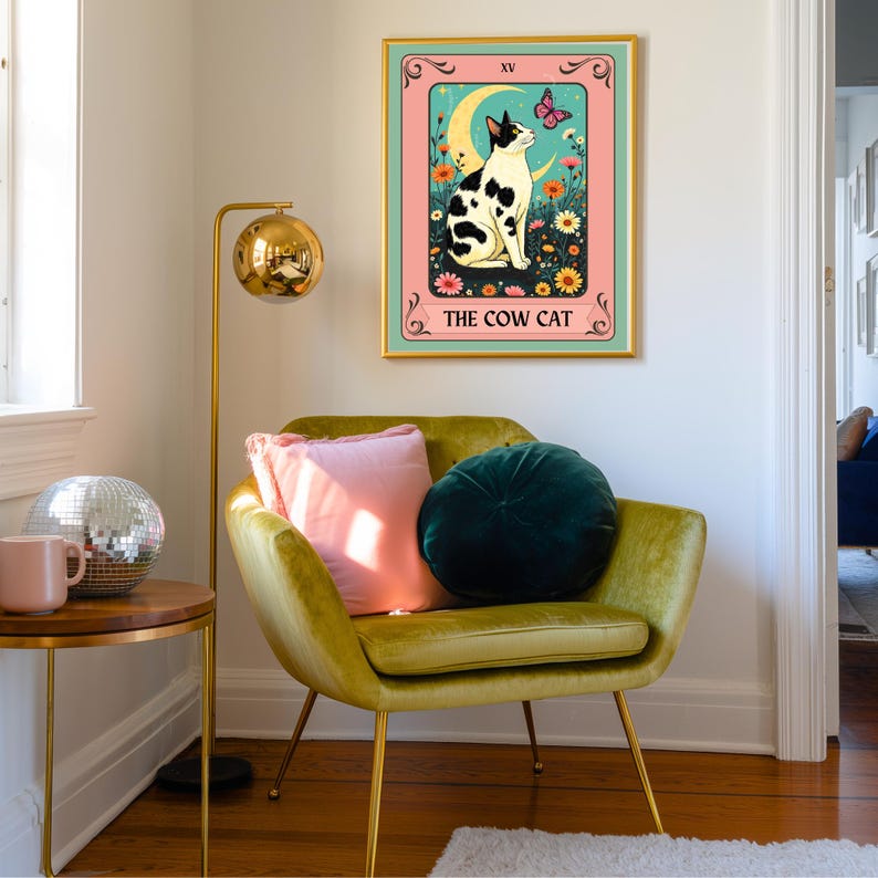 Cow Cat Tarot Card Wall Art – Cow Cat Artwork Black and White Cat Poster Witchy Cat Decor Moo Cat Wall Art Gift Cow Cat Gift Idea bild 3