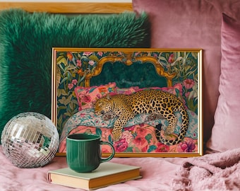 Sleepy Leopard in a Vintage Bed Print - Pink & Emerald Green Maximalist Wall Art - Jungle Bedroom Decor