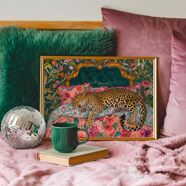 Sleepy Leopard in a Vintage Bed Print - Pink & Emerald Green Maximalist Wall Art - Jungle Bedroom Decor
