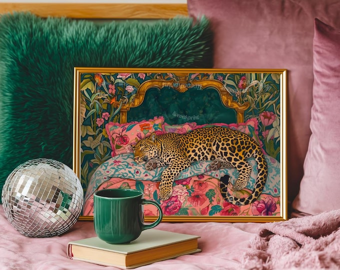 Sleepy Leopard in a Vintage Bed Print - Pink & Emerald Green Maximalist Wall Art - Jungle Bedroom Decor