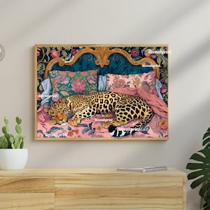 Navy and Pink Sleeping Leopard Print -  Leopard Bedroom - Maximalist Wall Art -  Maximalist Leopard Print - Leopard  Wall Art