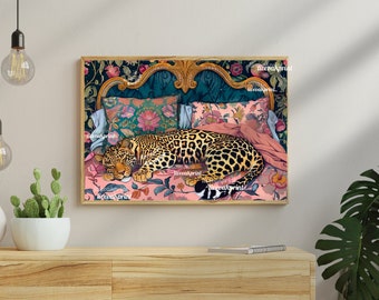 May include: A digital illustration of a leopard sleeping on a pink and green floral patterned bed with a gold headboard. The leopard is curled up on its side with its head resting on its paws. The bed is surrounded by lush green foliage.