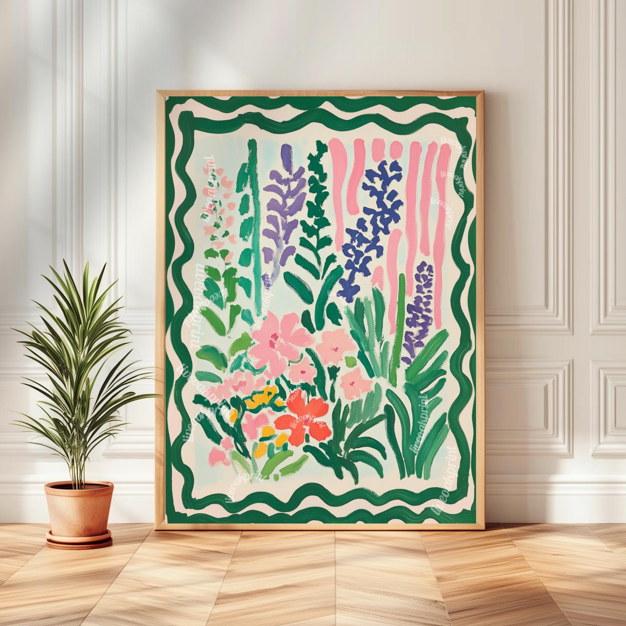 Dopamine Decor Flowers Art Print - Flower Wall Art Vintage Green and Pink Wall Decor Minimalist Meets Maximalism Eclectic Home Decor Print