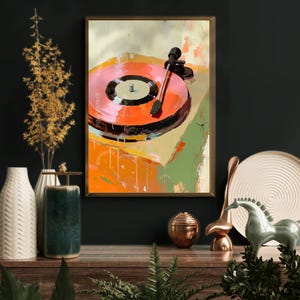 Retro Record Playing Painting - Pink, Orange, and Sage Green Vinyl Turntable  - Vintage Music Wall Decor - Colorful Boho Music Nook Art