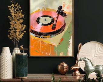 Puede incluir: Una pintura de un tocadiscos vintage con un disco naranja brillante en el plato. La pintura tiene un estilo texturizado y abstracto con salpicaduras de pintura amarilla, verde y naranja.