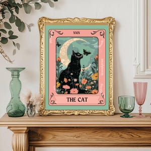 The Cat Tarot Print - Black Cat Moon Tarot Card Witchy Cat Wall Art Botanical Cat Decor - Mystical Cat Lover Gift Boho Cat Poster Witch Cat