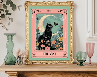 The Cat Tarot Print - Black Cat Moon Tarot Card Witchy Cat Wall Art Botanical Cat Decor - Mystical Cat Lover Gift Boho Cat Poster Witch Cat
