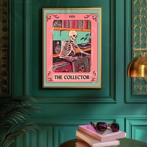 The Collector Tarot Print – Skeleton Record Collector Wall Art, vinyl tarotkaart decor vinyl muur print muziek hoekje decor boho kunst aan de muur