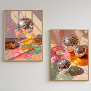 Diskokugel und Schallplatten Wand Kunst 2er-Set Prints - Funky Maximalist Wand Kunst Retro Wand Dekor Geschenk für Schallplatten Liebhaber Disco Ball Musik Kunst Bild 1
