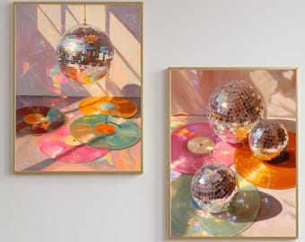 Disco Ball and Records Wall Art Set of 2 Prints – Funky Maximalist Wall Art Retro Wall Decor Gift For Record Lover Disco Ball Music Art
