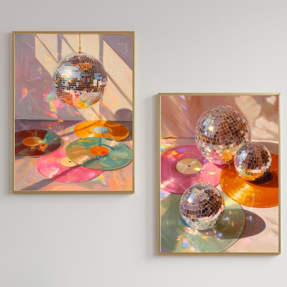 Disco Ball and Records Wall Art Set of 2 Prints – Funky Maximalist Wall Art Retro Wall Decor Gift For Record Lover Disco Ball Music Art