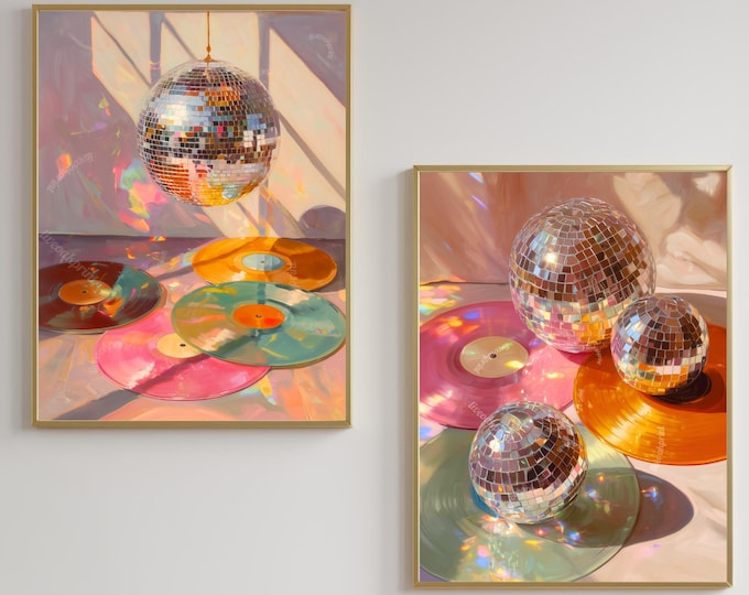 Disco Ball and Records Wall Art Set of 2 Prints – Funky Maximalist Wall Art Retro Wall Decor Gift For Record Lover Disco Ball Music Art