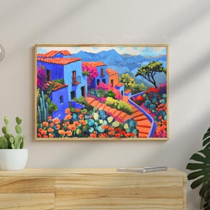 Blue Mexican Art Print -  Mexico Travel Decor Maximalist Wall Art Mexican Decor For Living Room Latin America Painting Cactus Wall Decor