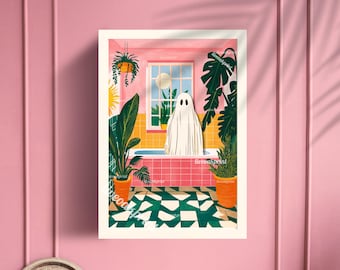 Pode incluir: Uma figura de fantasma branco está em um banheiro rosa com uma planta verde em um vaso de terracota. O banheiro tem uma janela com vista para uma paisagem verde e um piso de azulejos rosa.