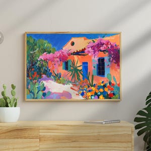 Mexican Garden Art Print – Pastel Wall Art Vibrant Wall Art Southwestern Floral Wall Decor Maximalist Mexico Painting Mexican Flower Print