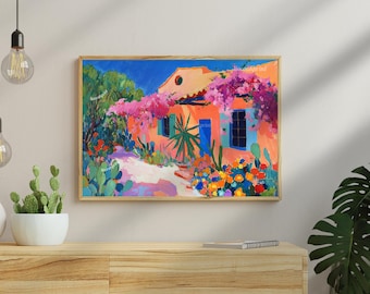 Mexican Garden Art Print – Pastel Wall Art Vibrant Wall Art Southwestern Floral Wall Decor Maximalist Mexico Painting Mexican Flower Print