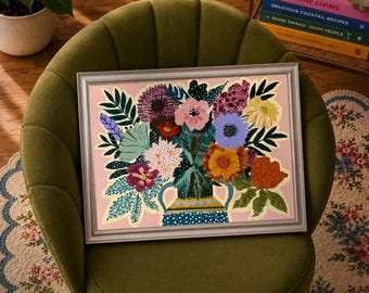 Ella Jewel Tone Floral Wall Art, Moody Botanical Bouquet Print, Blush Pink Retro Flower Poster, Eclectic Bedroom Decor