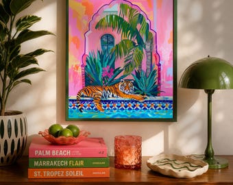 Maximalist Tiger Wall Art - Summer Wall Decor Maximalist Tropical Print Pink Teal Living Room Print Bold