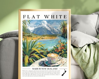 Flat White Coffee Wall Art - New Zealand Cafe Print Kiwi Coffee Poster Minimalist Kitchen Decor Latte Art Wall Print Travel-Inspired Art