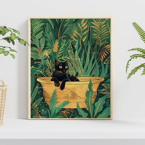 Impresión de gato en la bañera - Arte tropical para baño - Baño dorado y verde - Impresión divertida de gato para baño - Arte divertido de gatos - Impresión de gato para baño