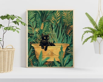 Cat in A Bathtub Print - Tropical Bathroom Art - Gold and Green Bathroom - Funny Cat Bathroom Print - Funny Cat Art - Cat Bathroom Print