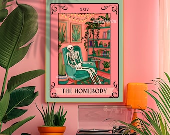 The Homebody Tarot Card - The Homebody Club Print - Spooky Print - Living Room Print - Cute Skeleton Print - Cute Spooky Print - Tarot Card