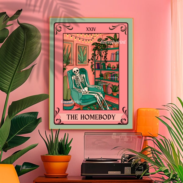 The Homebody Tarot Card - Gift for Homebody - The Homebody Club Print Living Room Print Cute Skeleton Print Stay At Home Gift