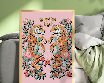 Pink Tiger Wall Decor - Go Get Em Tiger - Pink Dopamine Decor Living Room Wall Print  Y2k Wall Art Funky Tiger Print Maximalist Canvas Art
