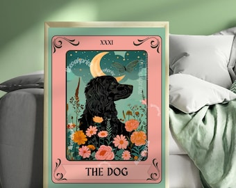 May include: A tarot card illustration with a black dog in a field of flowers. The card is titled "The Dog" and has the number XXXI on it. The card has a crescent moon and a butterfly in the background.