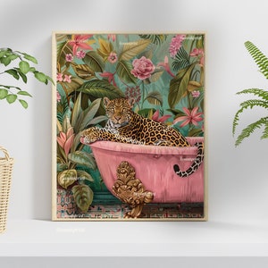 Leopard in a Vintage Bathtub Print – Maximalist Bathroom Wall Art – Bold Animal Print – Botanical Bathroom Decor – Leopard Jungle Poster