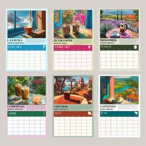 Puede incluir: Seis calendarios ilustrados, cada uno con una bebida de caf&eacute; diferente y su origen. Los calendarios incluyen "L&aacute;grima" de Argentina, "Filter Coffee" de la India, "French Press" de Francia, "C&agrave; Ph&ecirc; Sữa Đ&aacute;" de Vietnam, "Caf&eacute; Touba" de Senegal y "Caf&eacute;zinho" de Brasil.