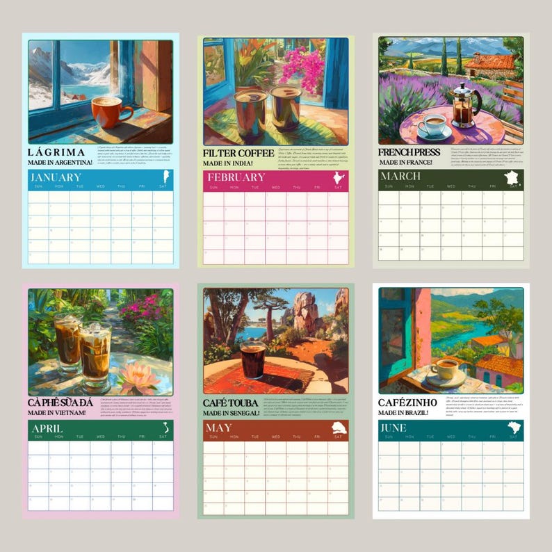 Puede incluir: Seis calendarios ilustrados, cada uno con una bebida de caf&eacute; diferente y su origen. Los calendarios incluyen "L&aacute;grima" de Argentina, "Filter Coffee" de la India, "French Press" de Francia, "C&agrave; Ph&ecirc; Sữa Đ&aacute;" de Vietnam, "Caf&eacute; Touba" de Senegal y "Caf&eacute;zinho" de Brasil.