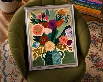 Ruthie Mid Century Modern Floral Wall Art, Teal Retro Botanical Wall Decor Blue and Terracotta MCM Print