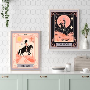 Lot d'impressions de tarot soleil et lune - impression d'art cowgirl de l'espace - art cowgirl cosmique - art mural coyboy - art mural western - impression d'art bohème