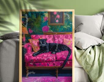 Black Leopard Lounging on a Luxury Sofa - Maximalist Wall Art - Black Panther Print - Grandmillennial Decor Aesthetic  - Leopard Wall Art