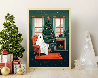 Oscar the Ghost Christmas Special - Cute Ghost Christmas Print - Cozy Living Room Print - Retro Ghost Print