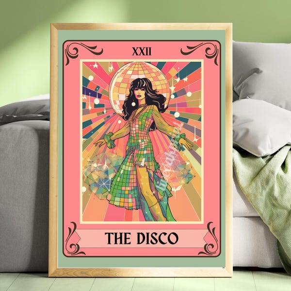 The Disco Tarot Card - Disco Ball Print - Trendy Preppy Wall Art - Retro Disco Ball Poster - Maximalist Funky Aesthetic Pink Blue Green Art