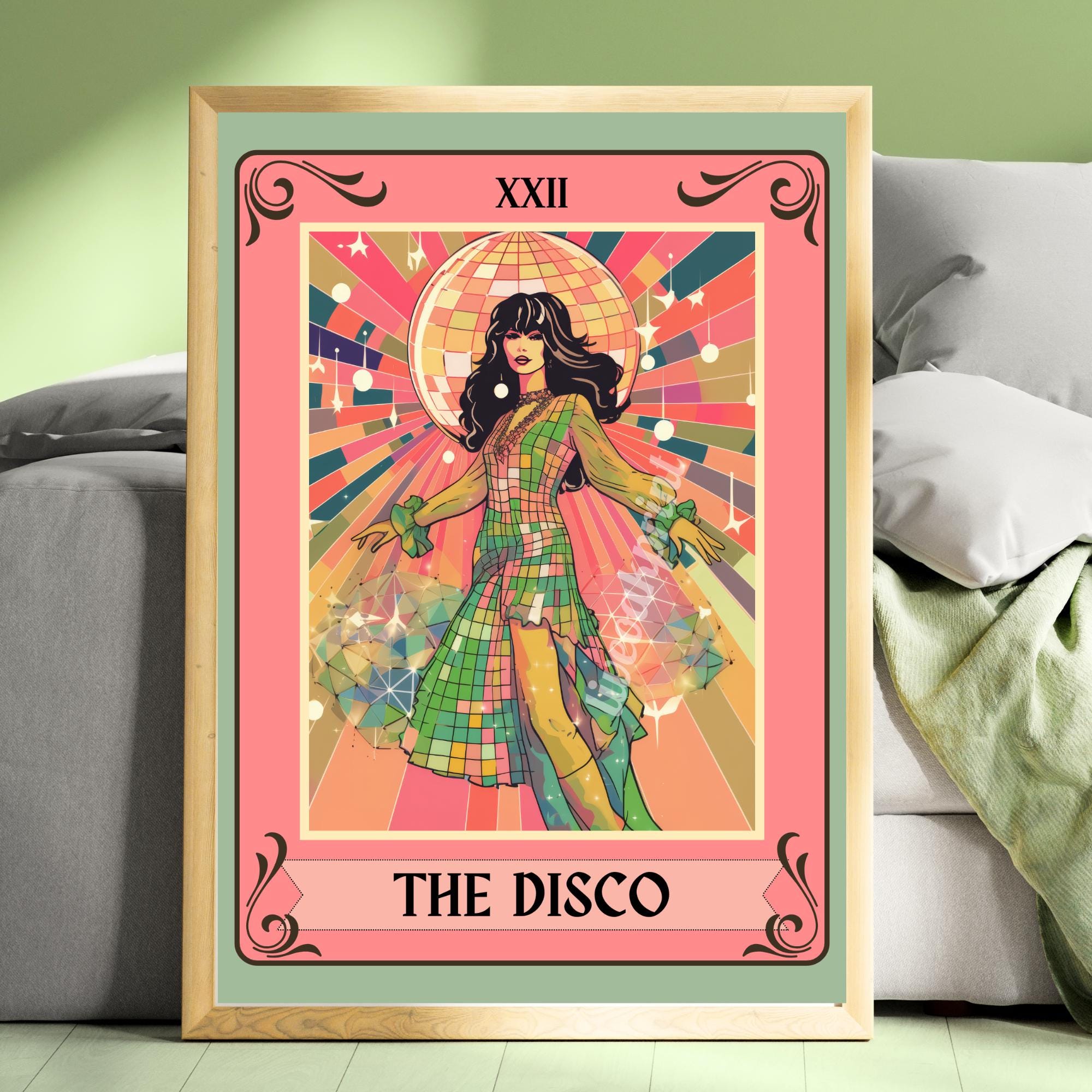 The Disco Tarot Card - Disco Ball Print - Trendy Preppy Wall Art - Retro Disco Ball Poster - Maximalist Funky Aesthetic Pink Blue Green Art