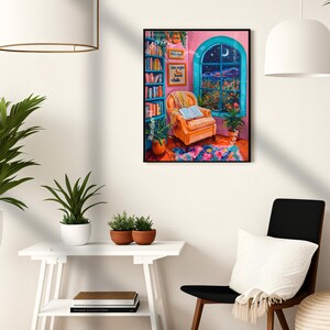 May include: A painting of a cozy reading nook with a bookshelf, a comfy armchair, and a window with a view of a starry night. The text "late night book club" is written on a sign above the armchair.