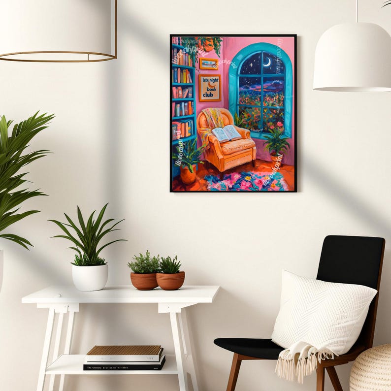 May include: A painting of a cozy reading nook with a bookshelf, a comfy armchair, and a window with a view of a starry night. The text "late night book club" is written on a sign above the armchair.