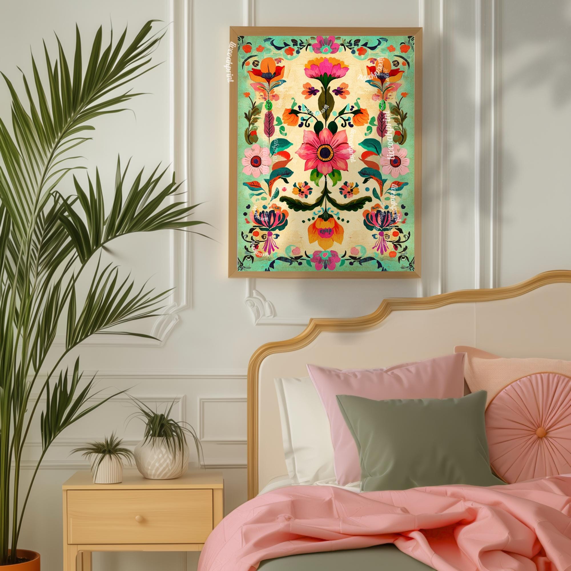 Mexican Folk Art Print - Pink and Green Floral Print - Vintage Folk Art ...
