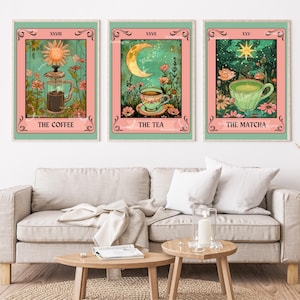 The Matcha, The Coffee, and The Tea Tarot Card Print Set - Boho Kitchen Wall Art - Sun and Moon Inspired Prints - Eclectic Kitchen Decor