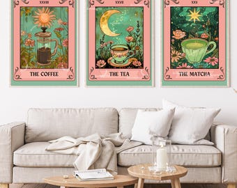May include: Three vintage-style illustrations of coffee, tea, and matcha. Each illustration features a cup or teapot with a celestial symbol above it, surrounded by flowers and greenery. The text "The Coffee", "The Tea", and "The Matcha" are written below each illustration.